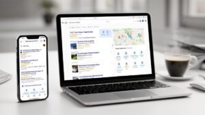 Smartphone showing local business search results beside a laptop displaying a website.