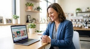 Business owner reviewing a professional company website on a laptop.