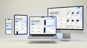 Business website displayed across desktop, laptop, tablet, and smartphone screens.
