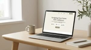 Professional business website displayed on a laptop in a modern workspace.