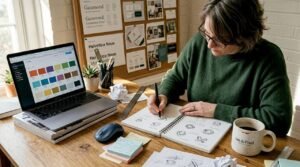 Branding professional organizing a brand strategy moodboard and visual identity materials.