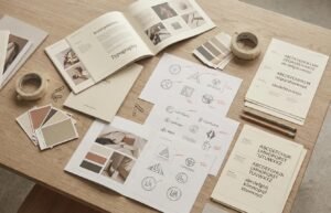 Brand identity elements including logo design, typography, colors, packaging, and stationery.