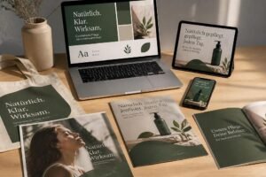 Consistent brand identity displayed across a website, smartphone, business cards, and packaging.