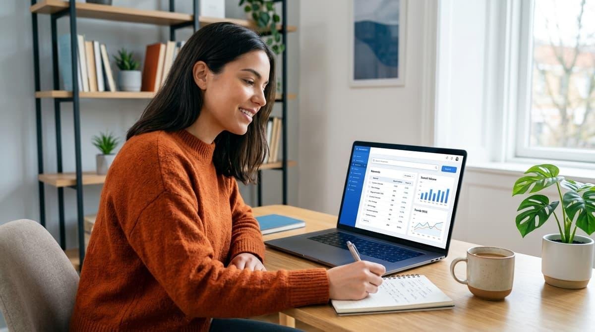 Content strategist planning a website article at a laptop.