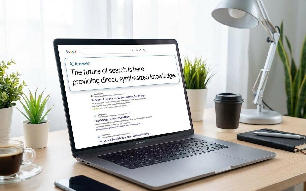 Laptop displaying a generic AI search interface with an answer summary and source links.
