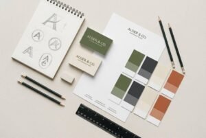 Brand identity presentation featuring business cards, typography, and a coordinated color palette.